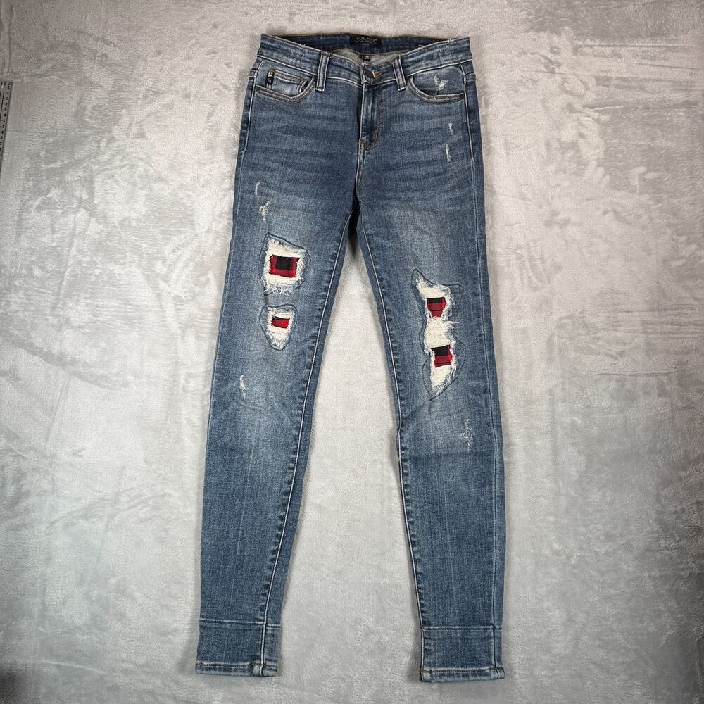 Judy Blue Jeans Womens 26 Blue Skinny High Rise Stretch Distressed Plaid Print